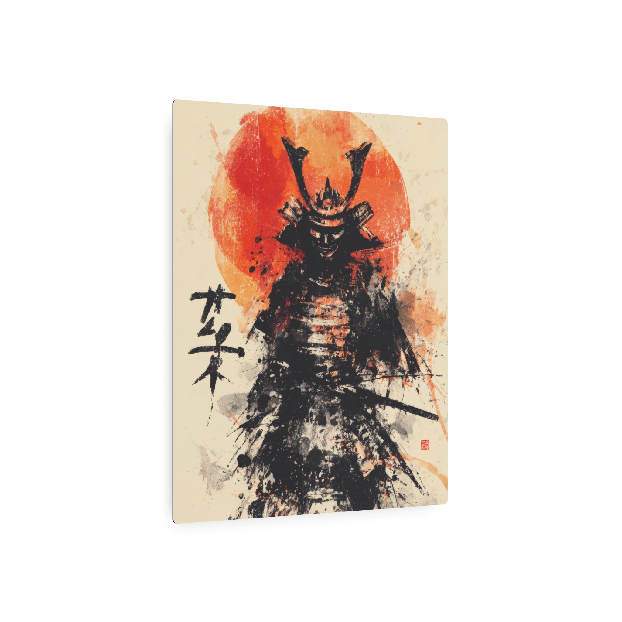 Samurai Metal Art Sign — Ink Wash Warrior with Rising Sun