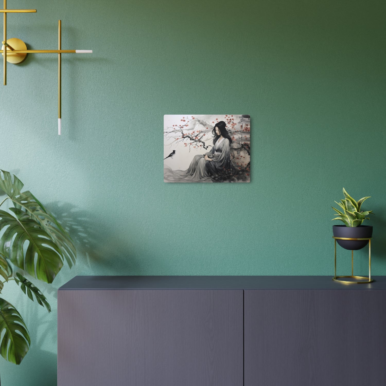 Oriental Lady Metal Art Serene Geisha with Cherry Blossoms Wall Decor - The Art Hub