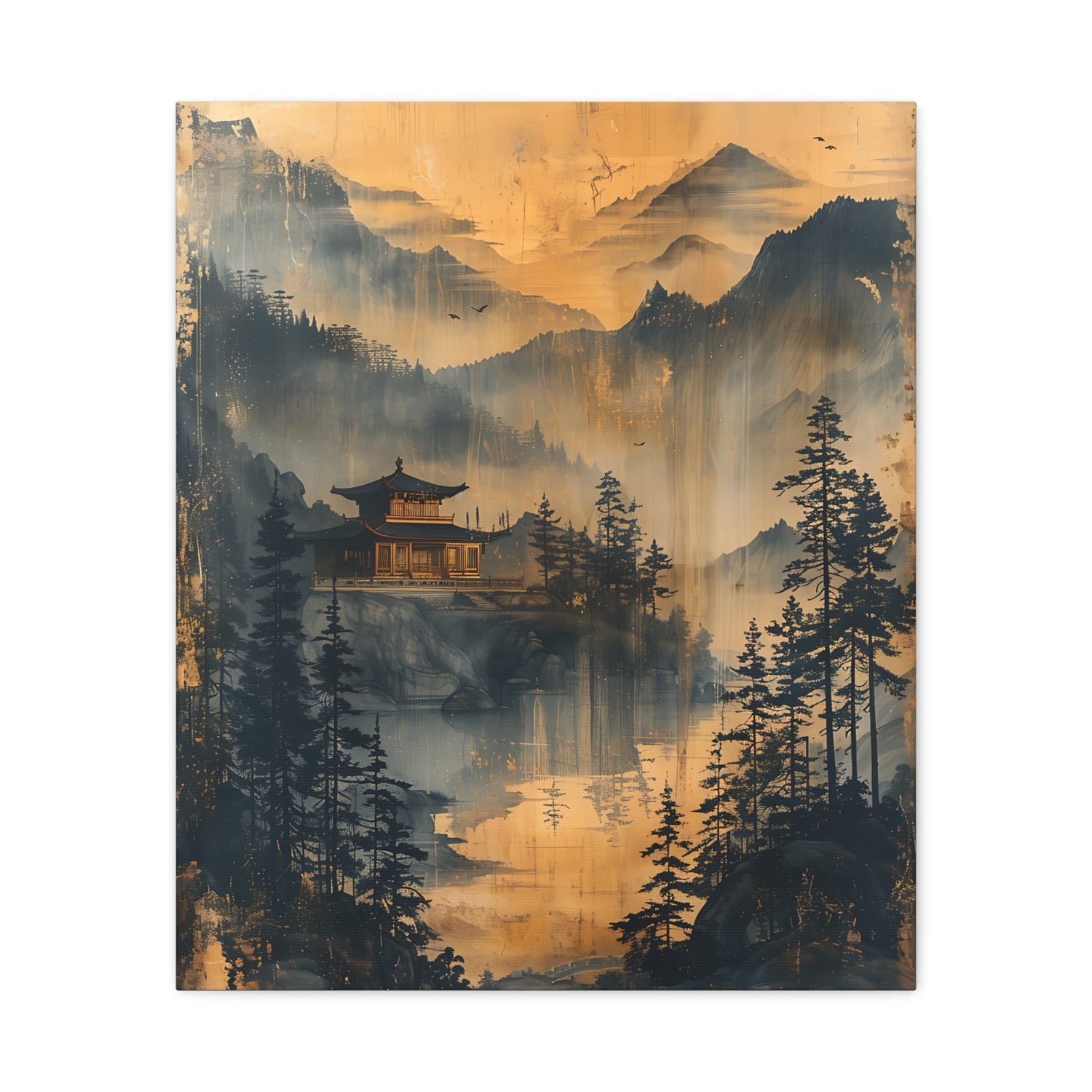 Golden Mist Mountain Landscape Canvas — Asian Pagoda Wall Art - The Art Hub