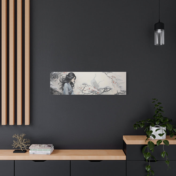 Canvas Wall Art Serene Geisha in Misty Cherry Blossom - The Art Hub