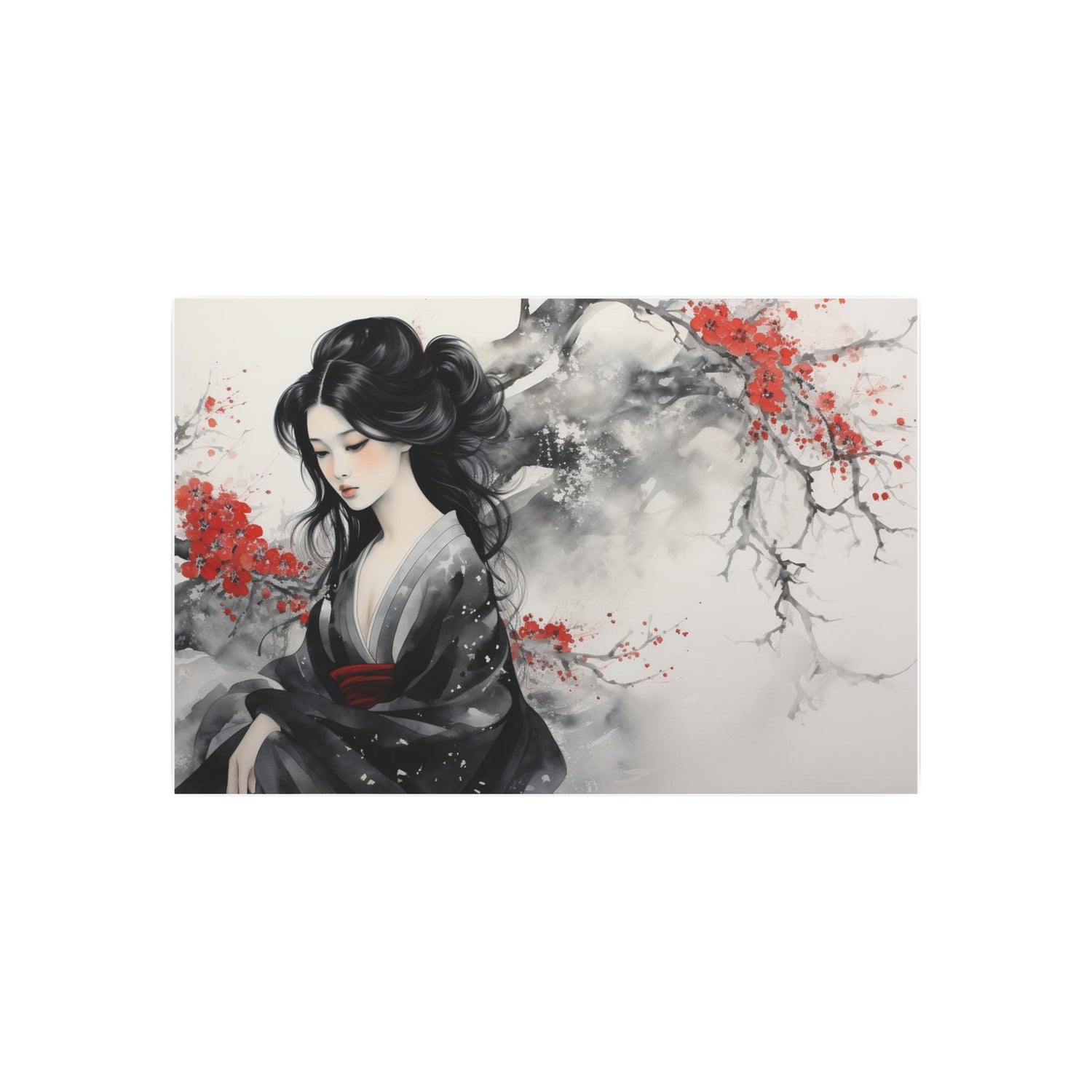Metal Art Japanese Geisha Wall Decor with Cherry Blossom Ink Wash - The Art Hub