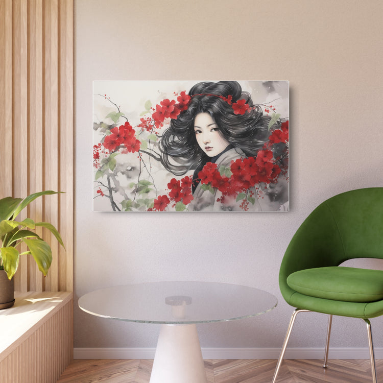 Metal Art Asian Woman with Red Blossoms Decorative Wall Art - The Art Hub