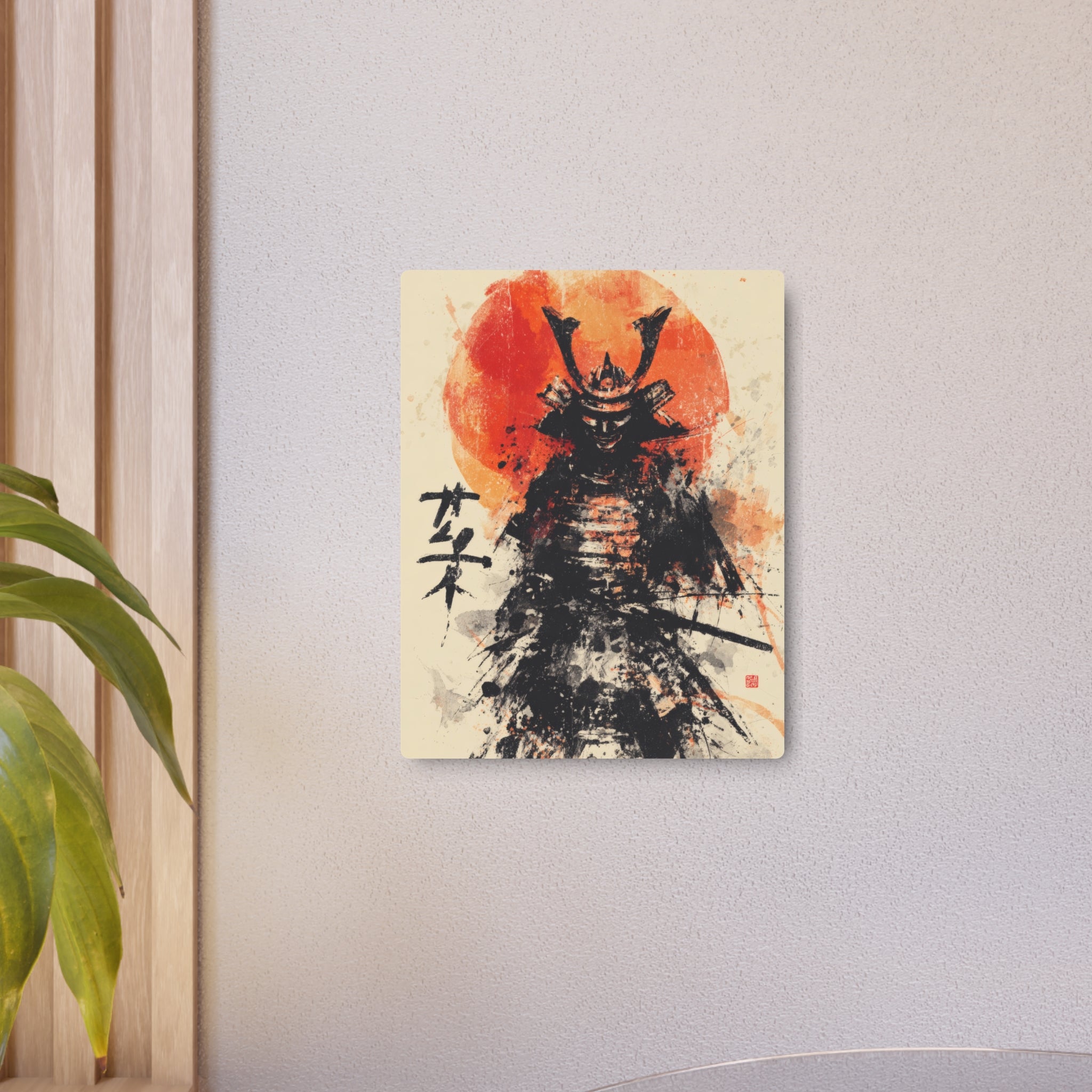 Samurai Metal Art Sign — Ink Wash Warrior with Rising Sun