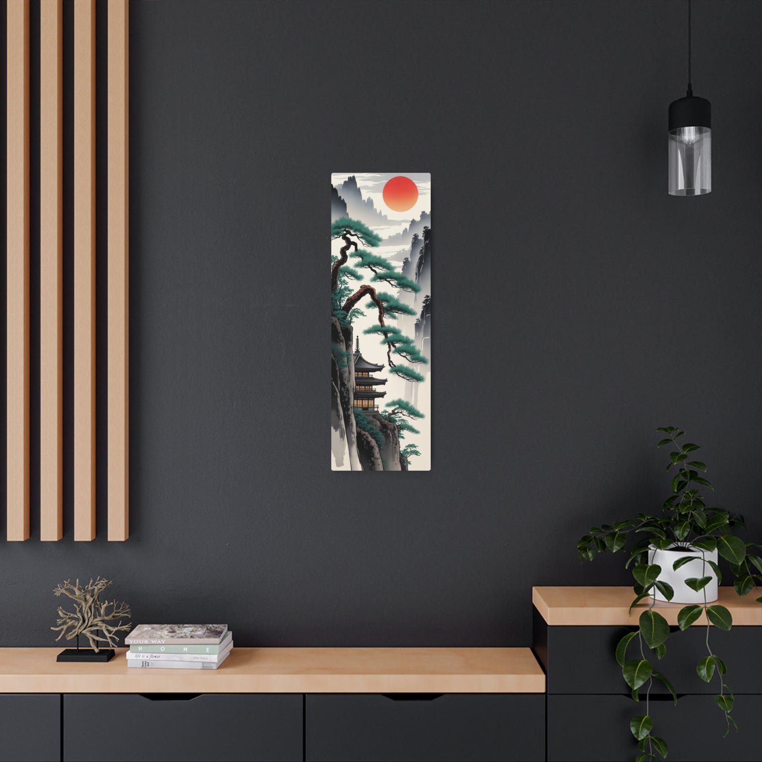 Japanese Mountain Pagoda with Pine Trees and Red Sun Wall Decor - The Art Hub