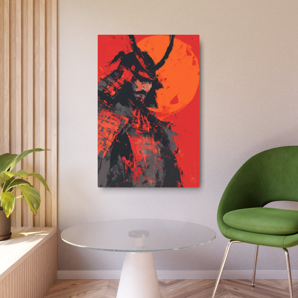 Samurai Moon Metal Art Sign — Red Warrior Wall Decor