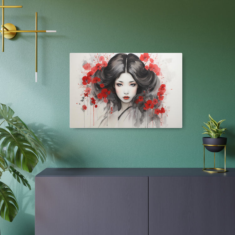 Metal Art Ethereal Geisha Portrait with Red Poppies  Japanese-Inspired Wall Decor - The Art Hub