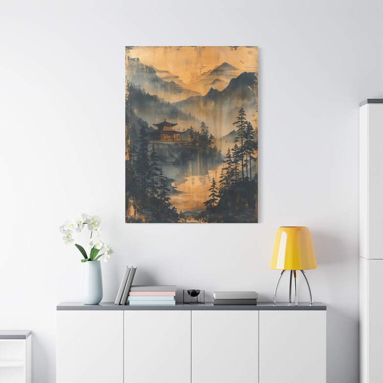 Golden Mist Mountain Landscape Canvas — Asian Pagoda Wall Art - The Art Hub
