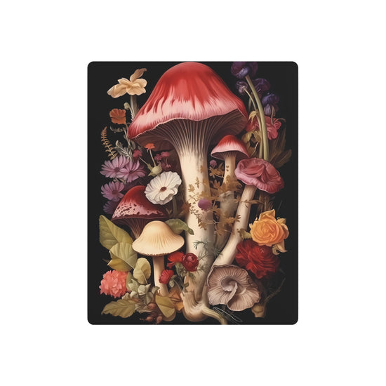 Vintage Mushroom Botanical Metal Art – Floral Toadstool Wall Decor featuring colorful mushrooms and flowers on a dark background.
