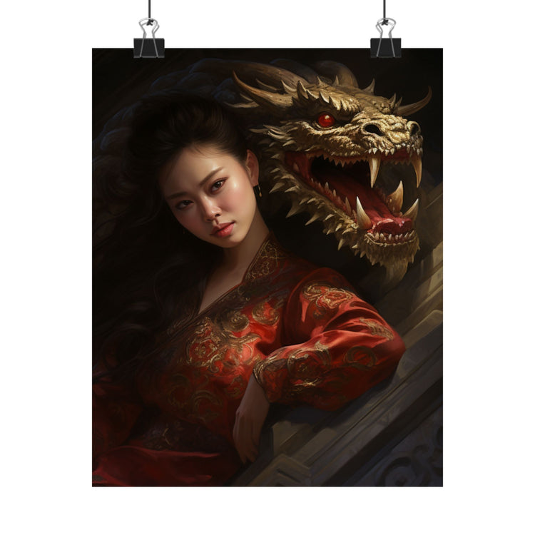 Matte Vertical Poster — Asian Warrior Woman with Dragon Art Print - The Art Hub