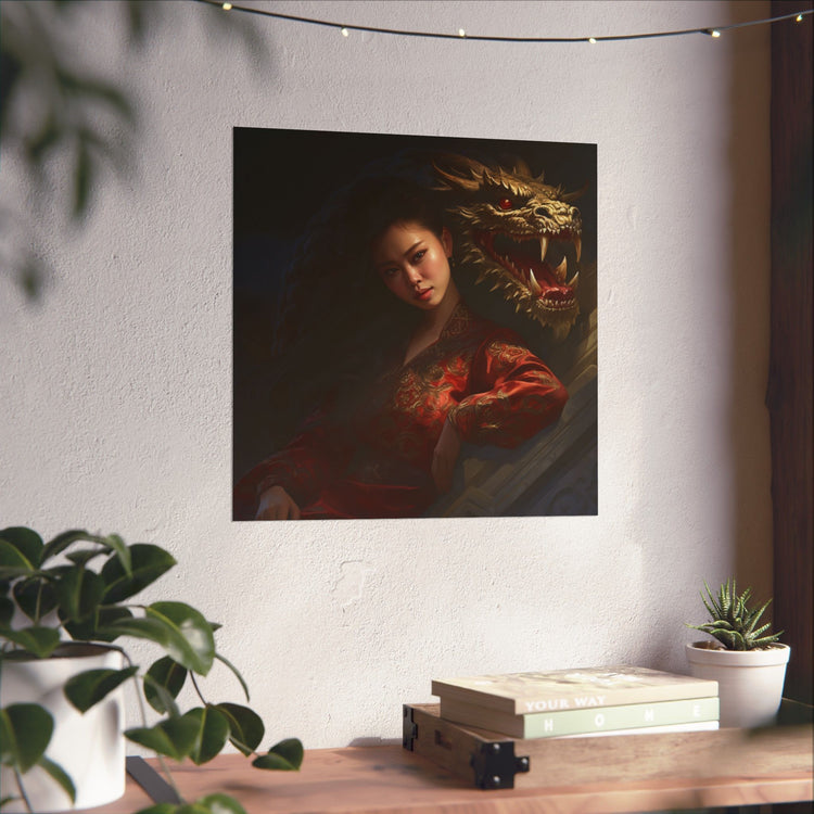 Matte Vertical Poster — Asian Warrior Woman with Dragon Art Print - The Art Hub
