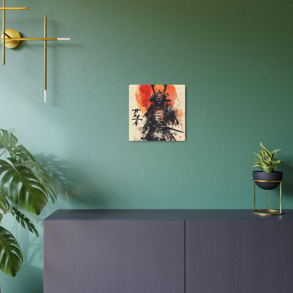 Samurai Metal Art Sign — Ink Wash Warrior with Rising Sun