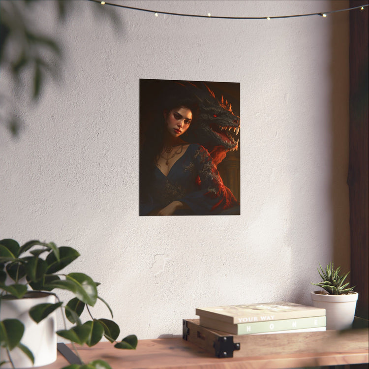 Fantasy Portrait Poster — Dark Sorceress with Dragon Matte Vertical Print - The Art Hub