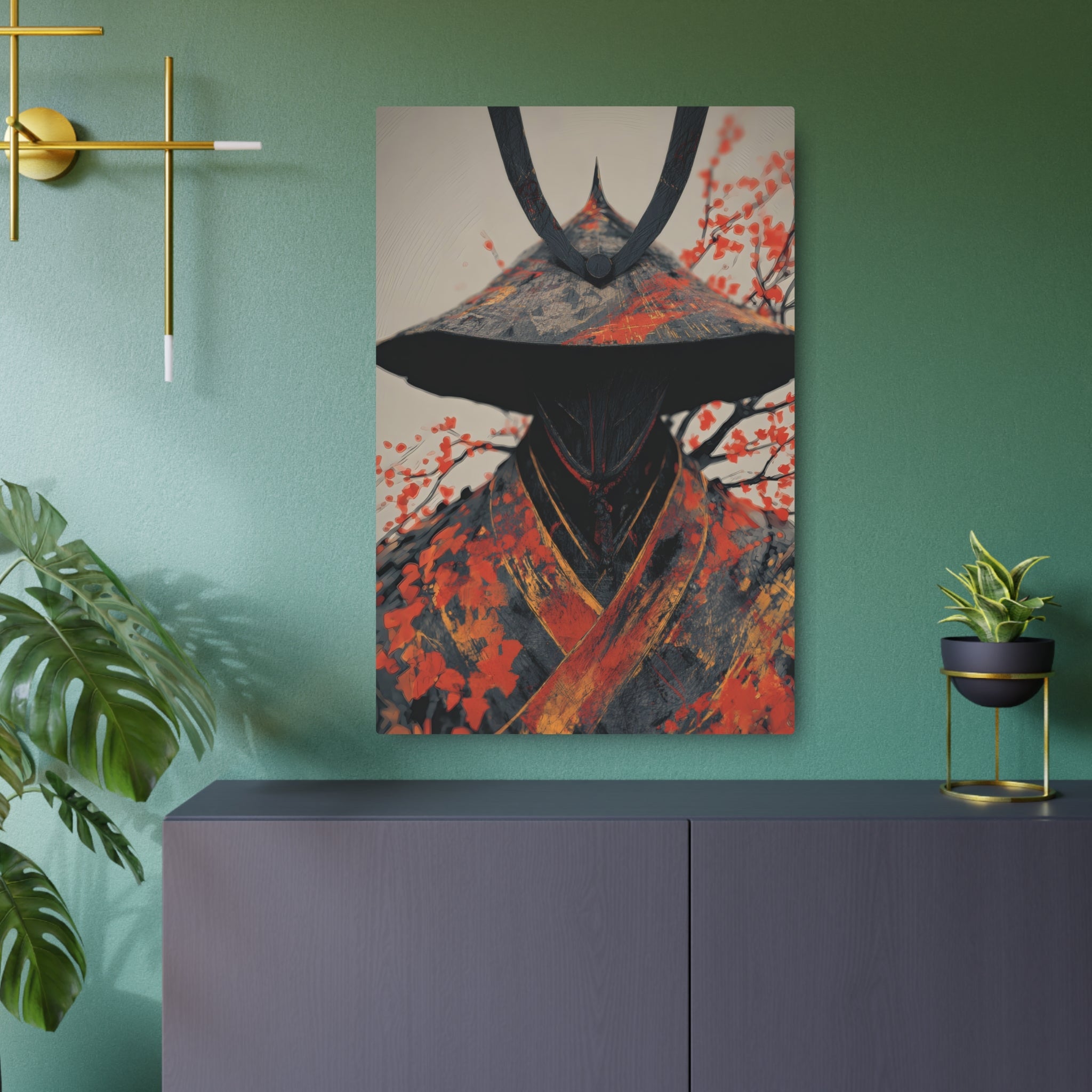 Metal Art Sign — Samurai Shadow with Autumn Maples