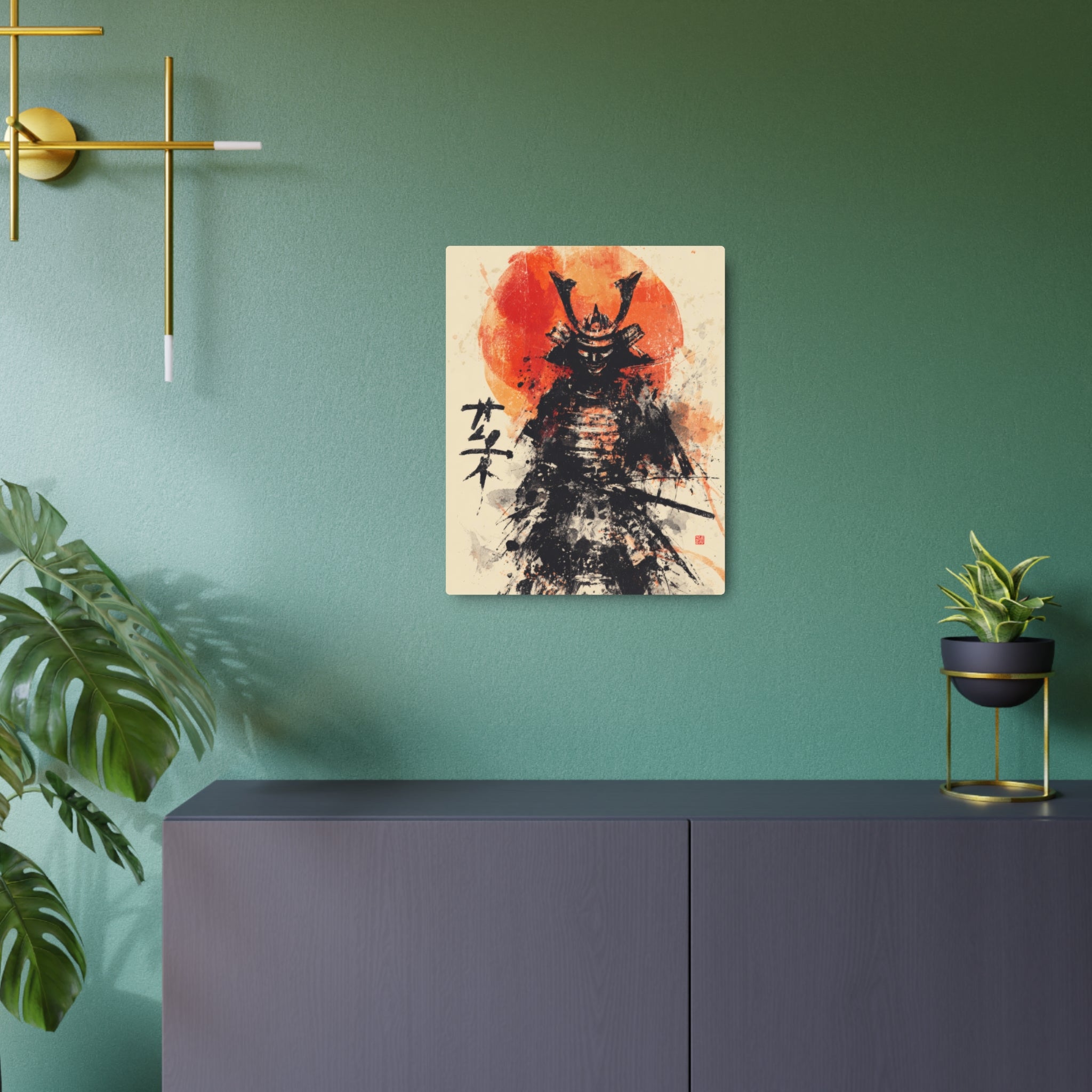 Samurai Metal Art Sign — Ink Wash Warrior with Rising Sun