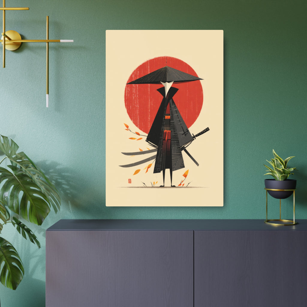 Samurai Metal Art Sign — Minimal Japanese Warrior Wall Decor with Red Sun