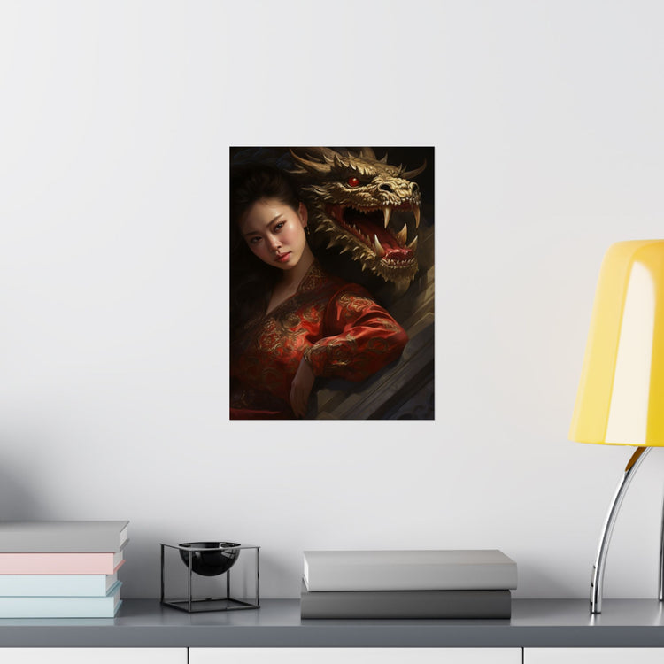 Matte Vertical Poster — Asian Warrior Woman with Dragon Art Print - The Art Hub