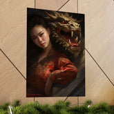 Matte Vertical Poster — Asian Warrior Woman with Dragon Art Print - The Art Hub