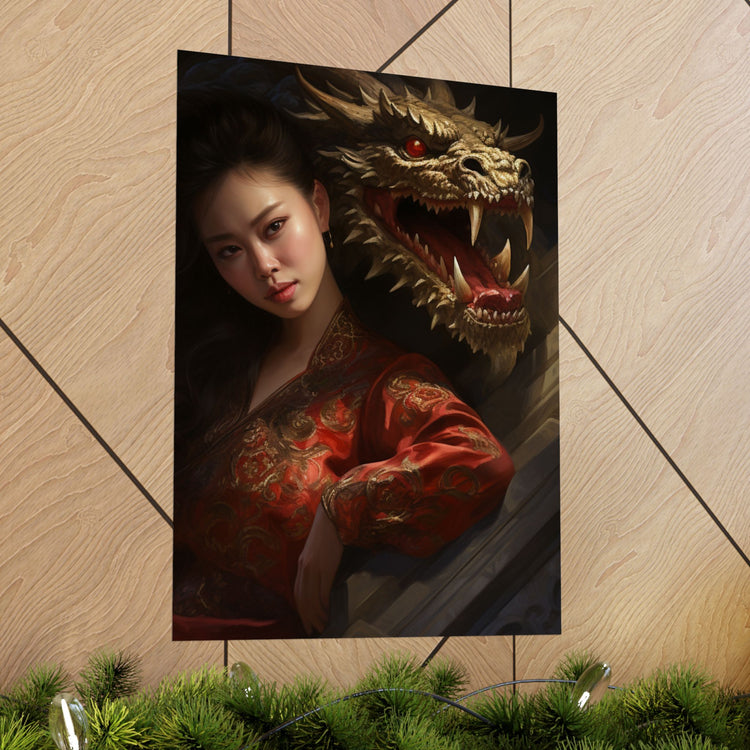 Matte Vertical Poster — Asian Warrior Woman with Dragon Art Print - The Art Hub