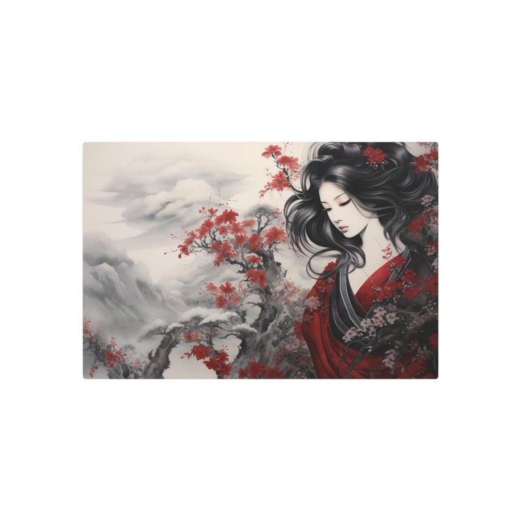 Metal Art Elegant Geisha Landscape with Red Maple Blossoms - The Art Hub