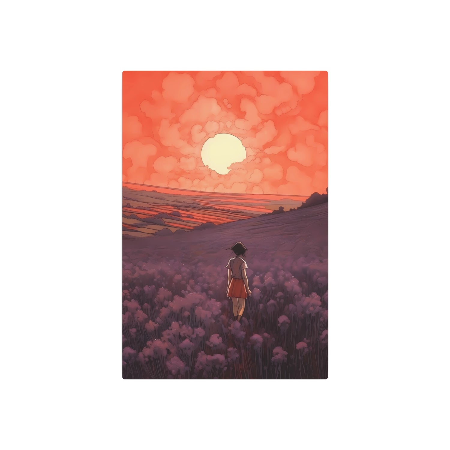 Sunset Meadow Metal Art — Girl Walking Through Lavender Field Wall Decor - The Art Hub
