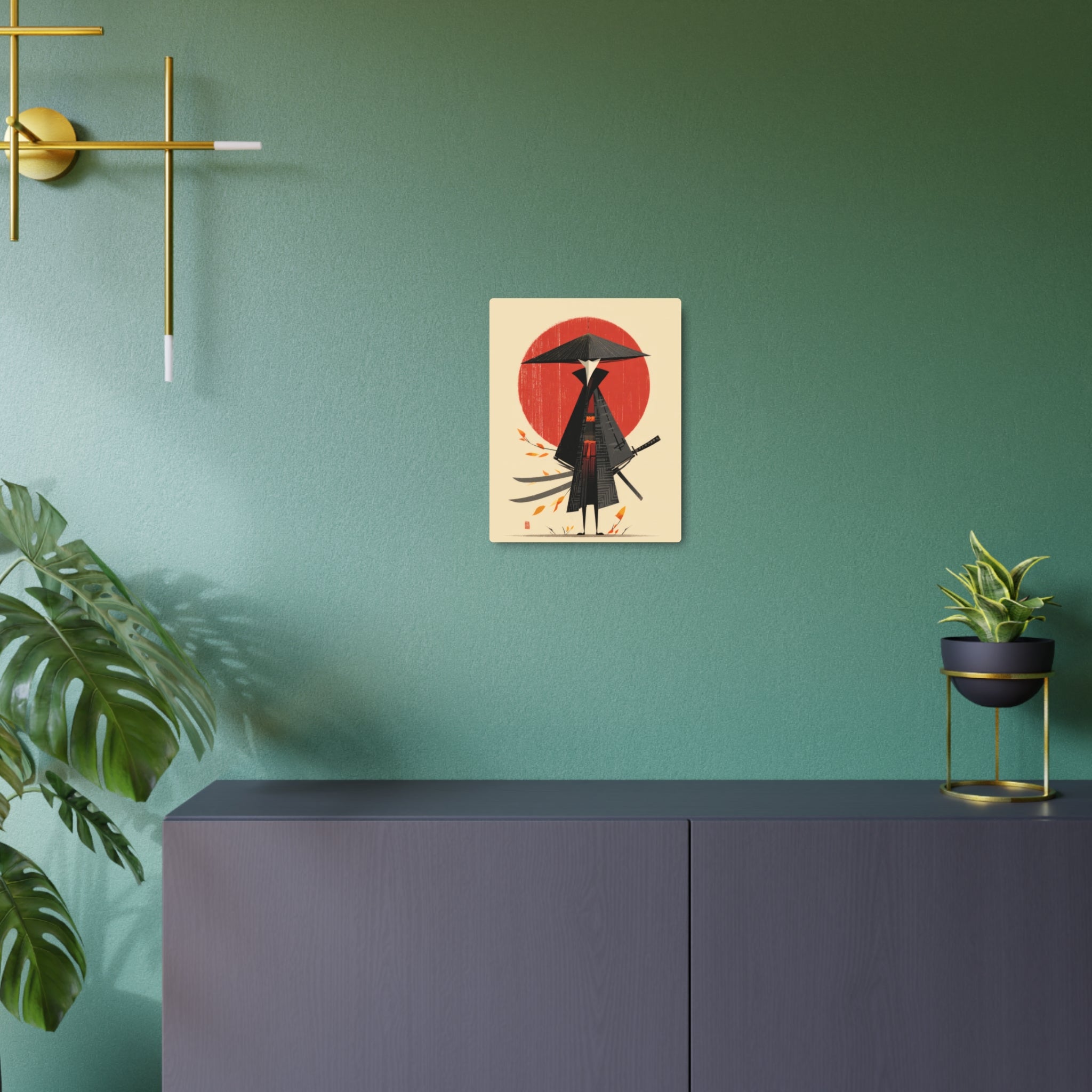 Samurai Metal Art Sign — Minimal Japanese Warrior Wall Decor with Red Sun