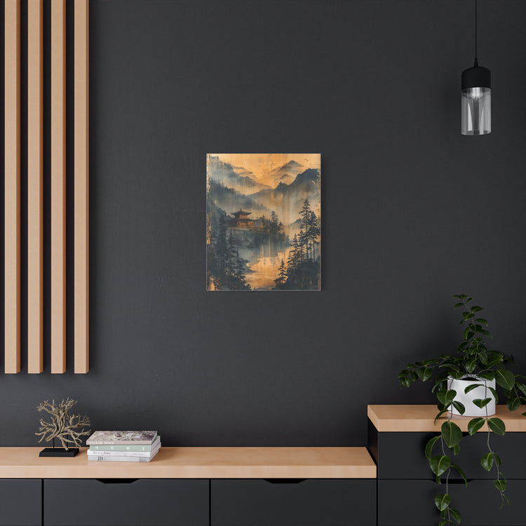 Golden Mist Mountain Landscape Canvas — Asian Pagoda Wall Art - The Art Hub