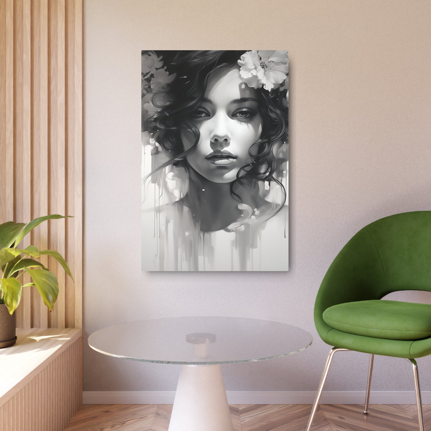 Metal Wall Art Sign — Monochrome Portrait of Woman with Floral Accents - The Art Hub