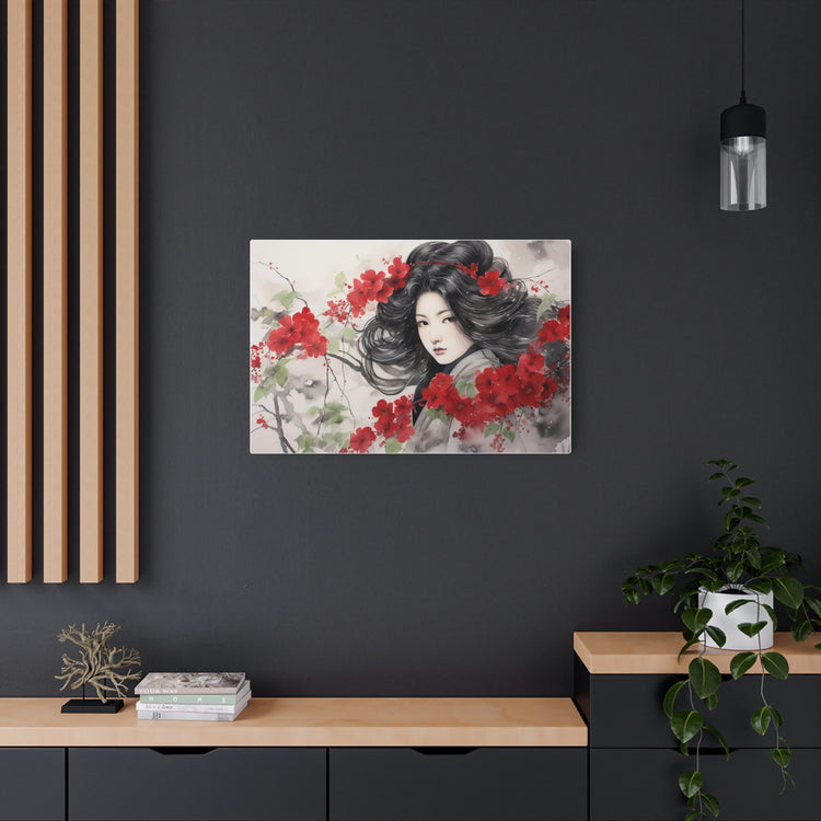 Metal Art Asian Woman with Red Blossoms Decorative Wall Art - The Art Hub
