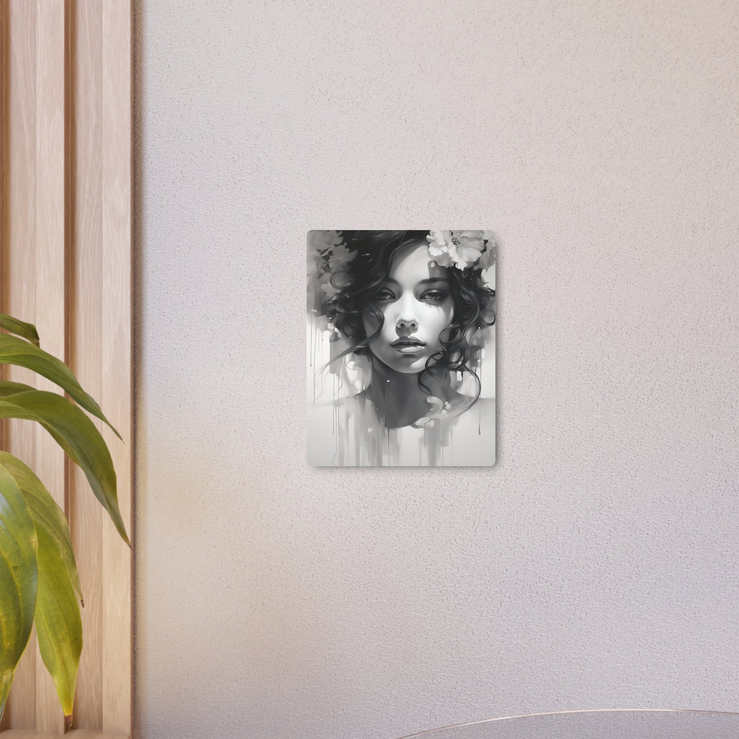 Metal Wall Art Sign — Monochrome Portrait of Woman with Floral Accents - The Art Hub