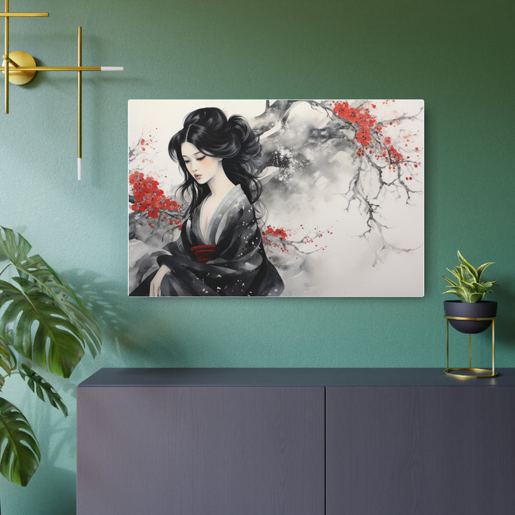 Metal Art Japanese Geisha Wall Decor with Cherry Blossom Ink Wash - The Art Hub