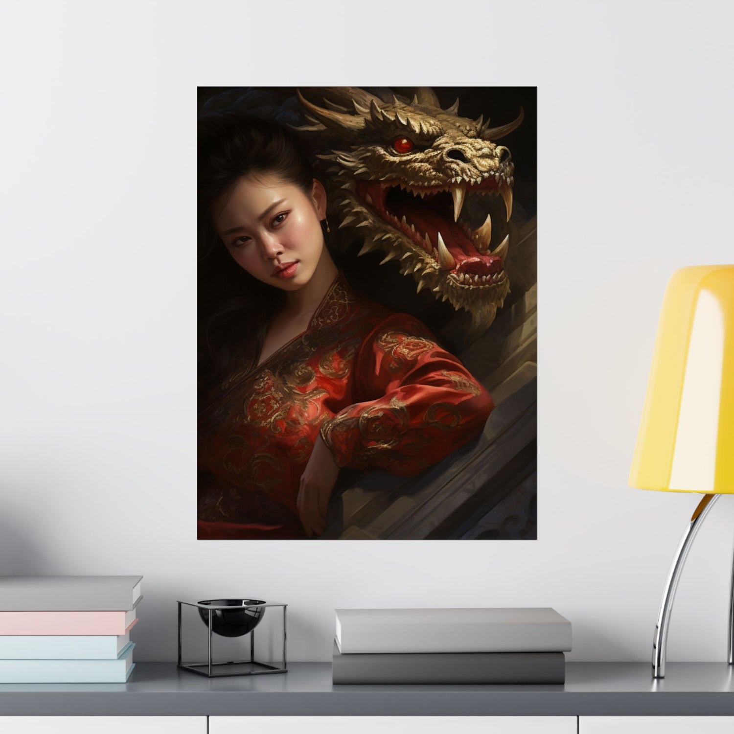 Matte Vertical Poster — Asian Warrior Woman with Dragon Art Print - The Art Hub
