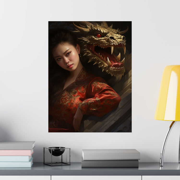 Matte Vertical Poster — Asian Warrior Woman with Dragon Art Print - The Art Hub