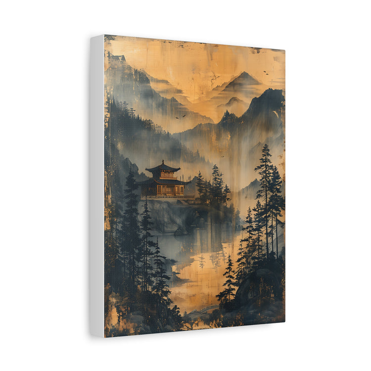 Golden Mist Mountain Landscape Canvas — Asian Pagoda Wall Art - The Art Hub