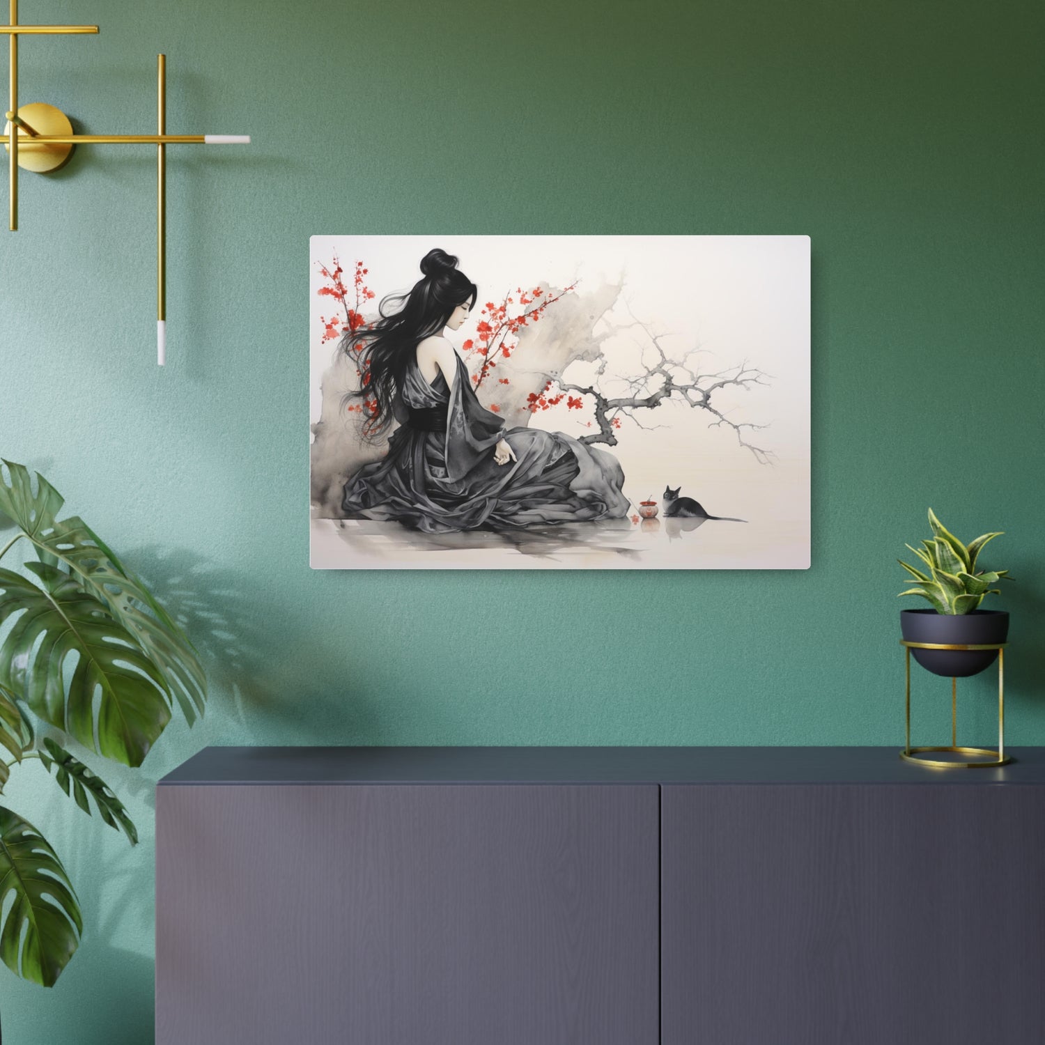 Metal Art Asian-Inspired Geisha with Cherry Blossoms Wall Art - The Art Hub