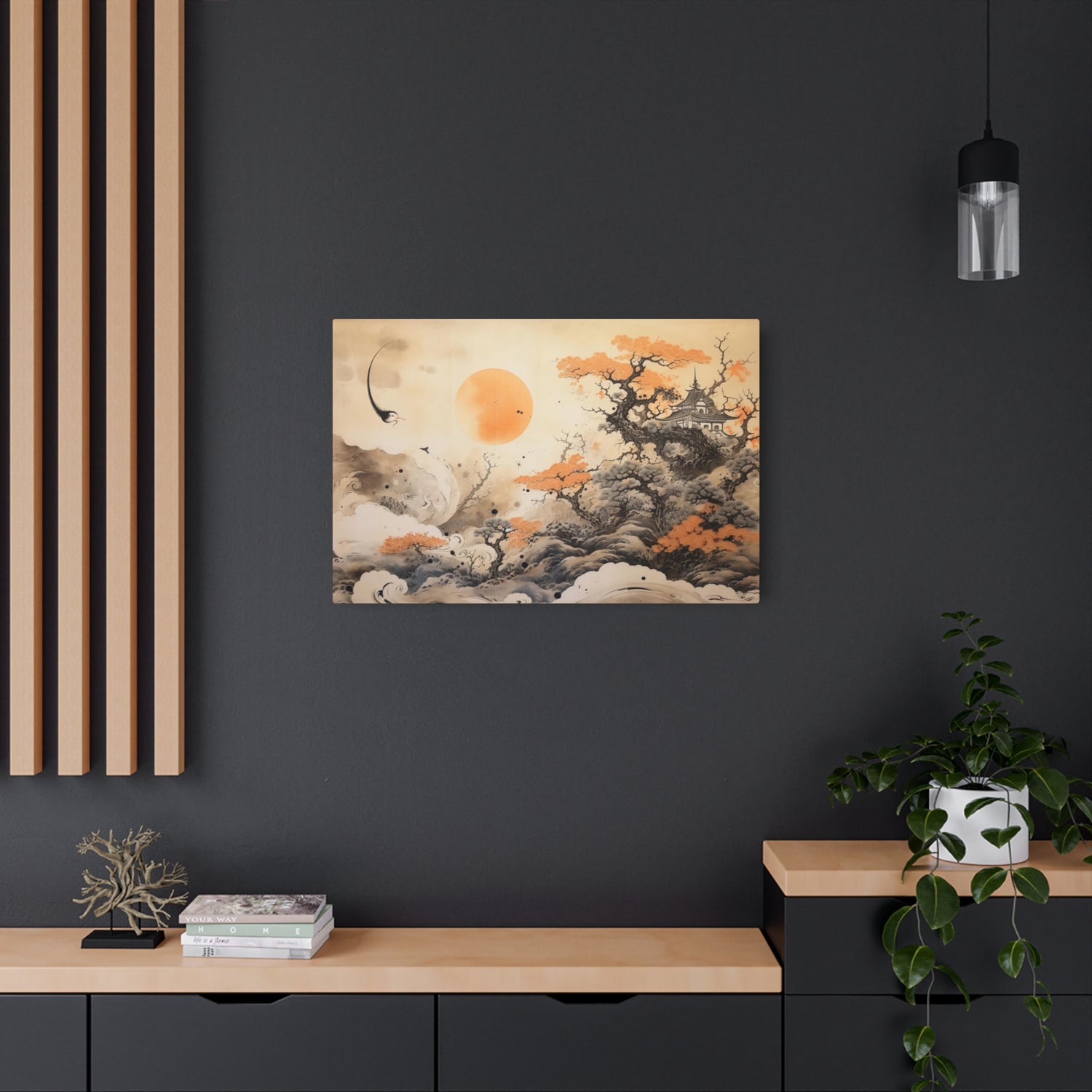 Japanese Landscape Metal Art Orange Sun & Bonsai Trees Wall Decor - The Art Hub