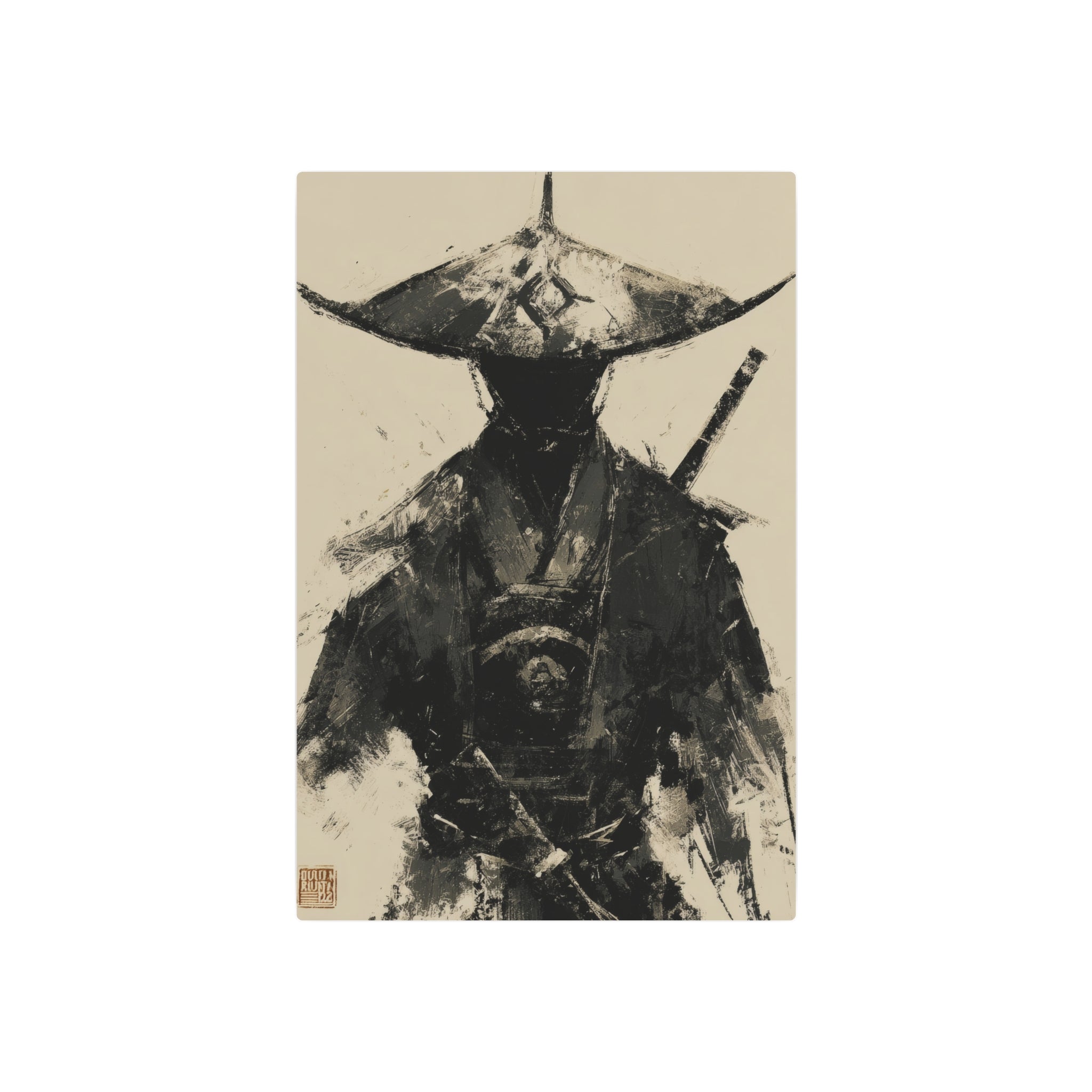 Samurai Ink Warrior Metal Art Sign — Japanese Sumi-e Wall Decor