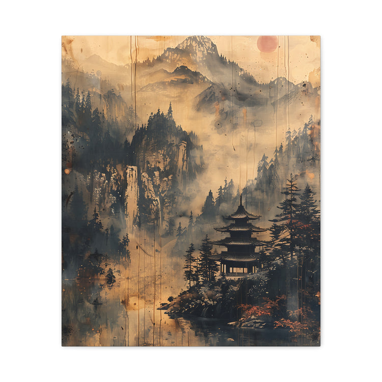 Zen Mountain Mist Canvas Art — Japanese Pagoda Landscape on Stretched Matte Canvas - The Art Hub