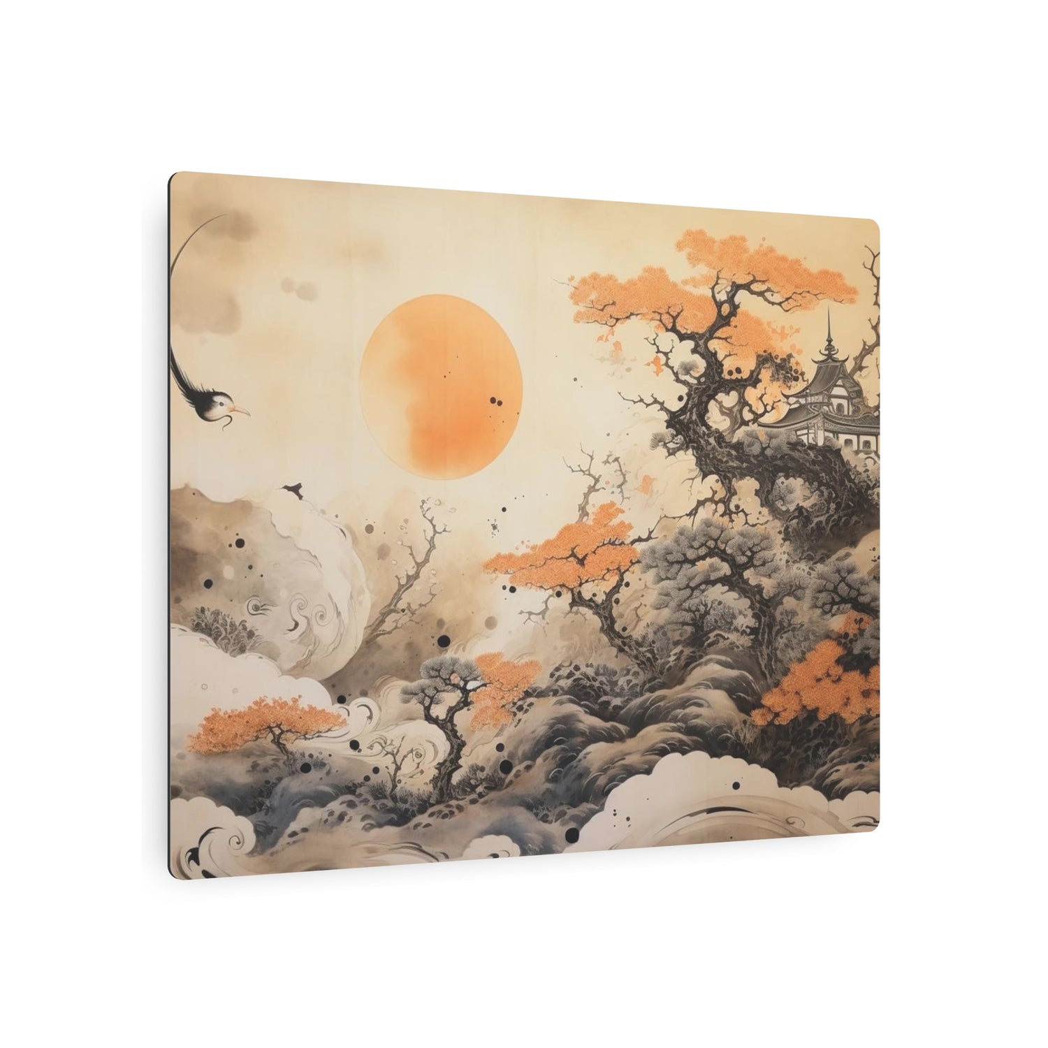 Japanese Landscape Metal Art Orange Sun & Bonsai Trees Wall Decor - The Art Hub