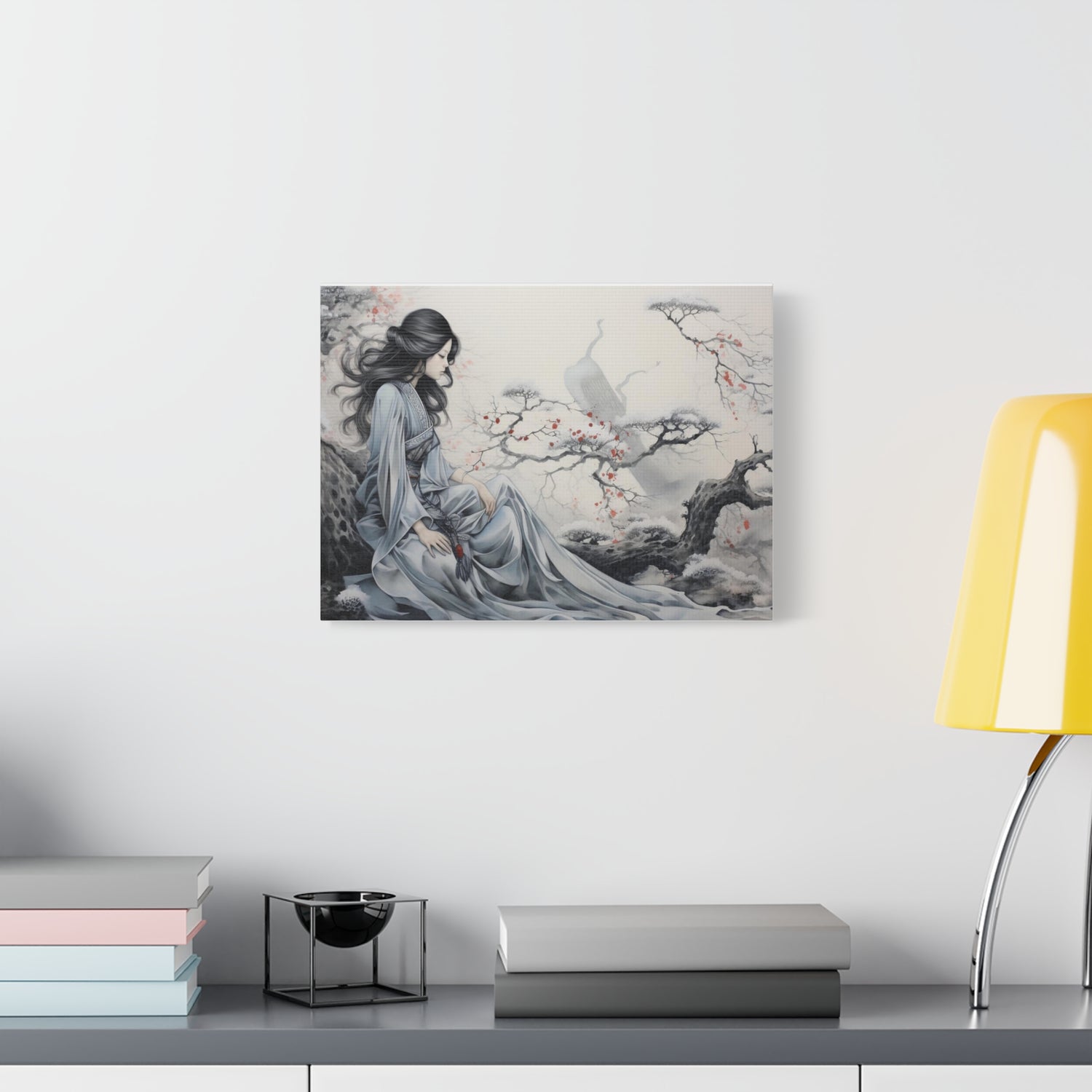 Canvas Wall Art Serene Geisha in Misty Cherry Blossom - The Art Hub