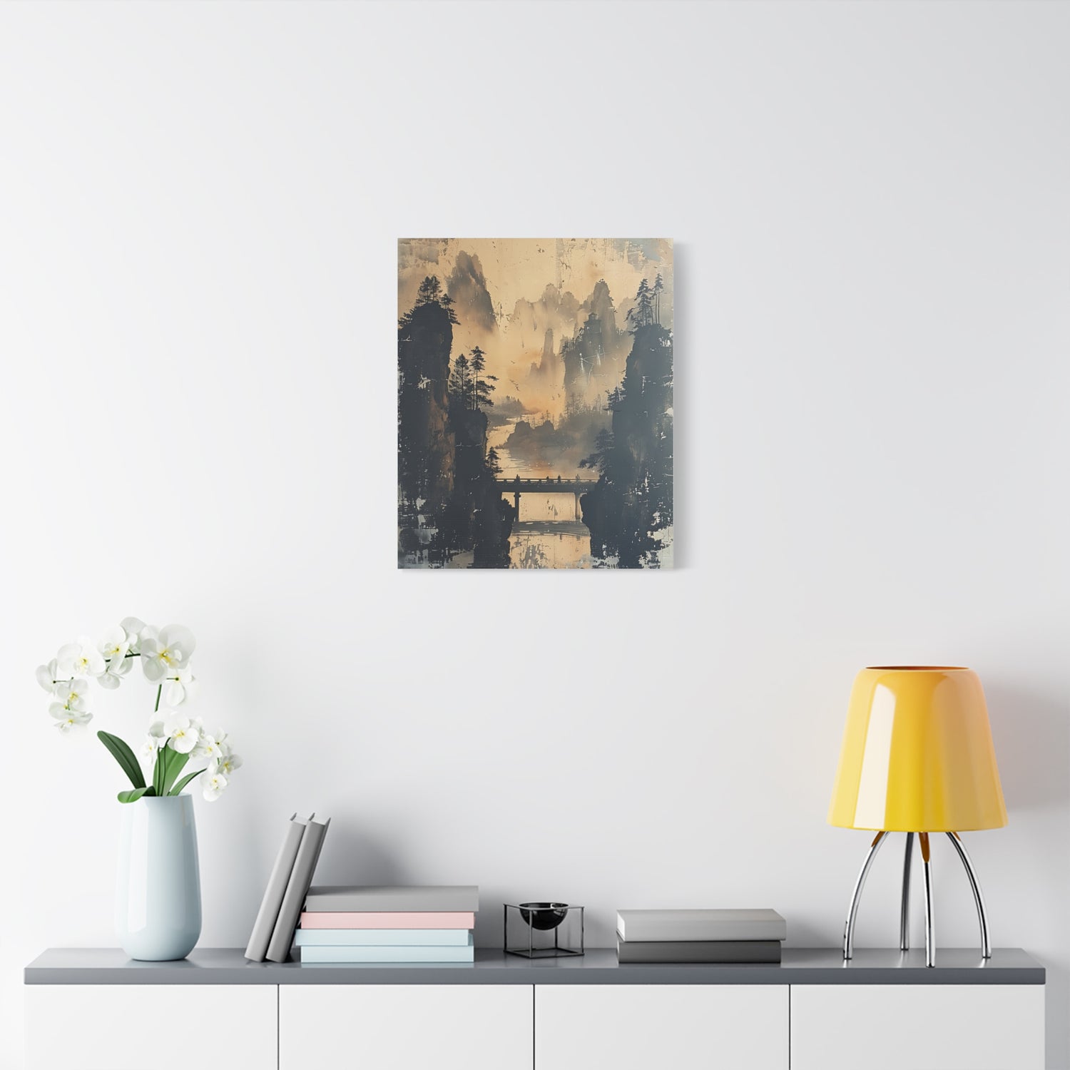 Serene Mountain Bridge Canvas Wall Art — East Asian Landscape Matte Stretched Print - The Art Hub