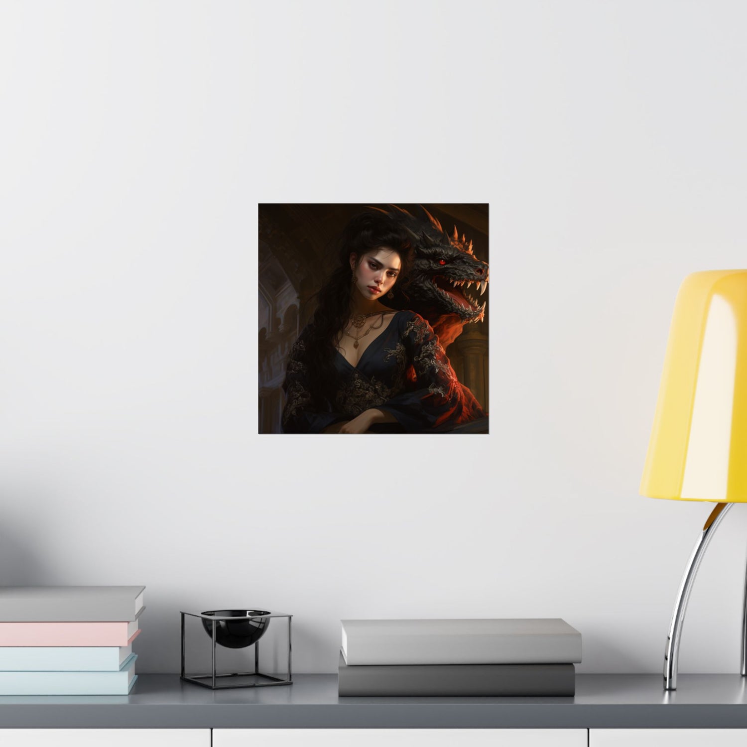 Fantasy Portrait Poster — Dark Sorceress with Dragon Matte Vertical Print - The Art Hub