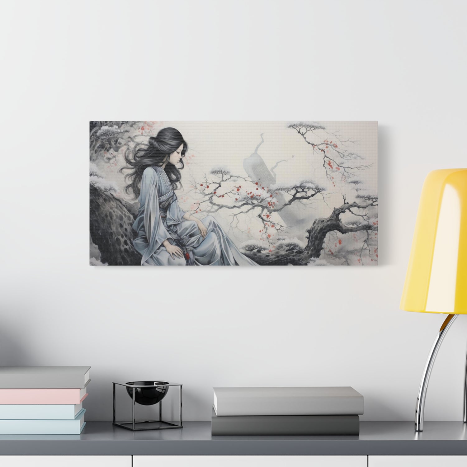 Canvas Wall Art Serene Geisha in Misty Cherry Blossom - The Art Hub