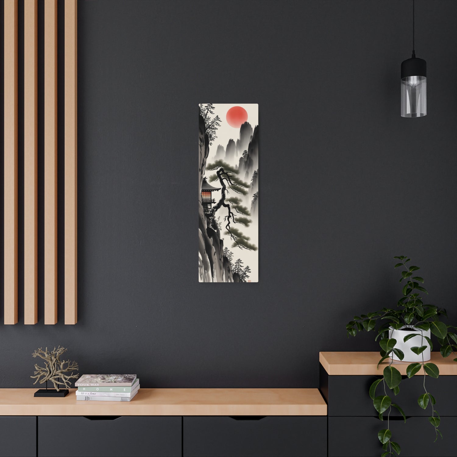 Japanese Landscape with Red Sun Vertical Wall Decor - The Art Hub
