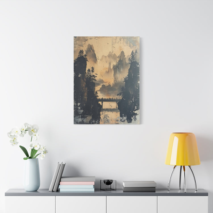 Serene Mountain Bridge Canvas Wall Art — East Asian Landscape Matte Stretched Print - The Art Hub