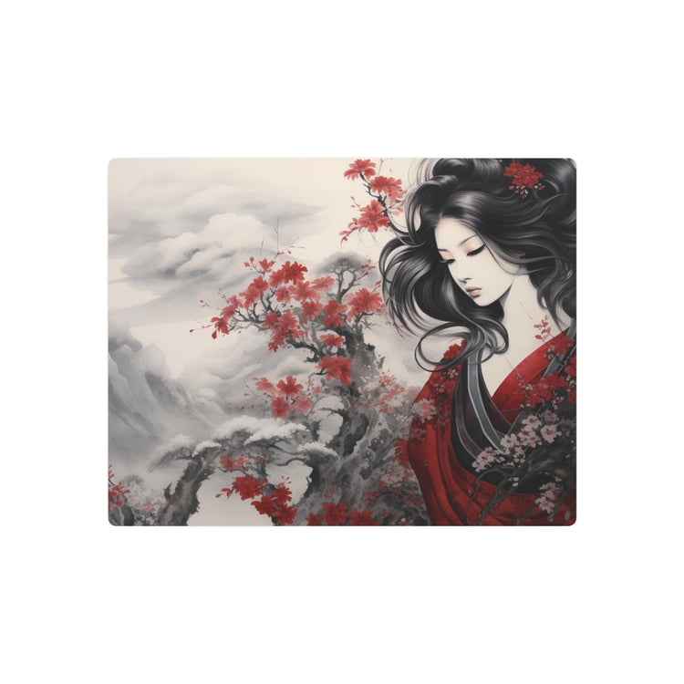 Metal Art Elegant Geisha Landscape with Red Maple Blossoms - The Art Hub