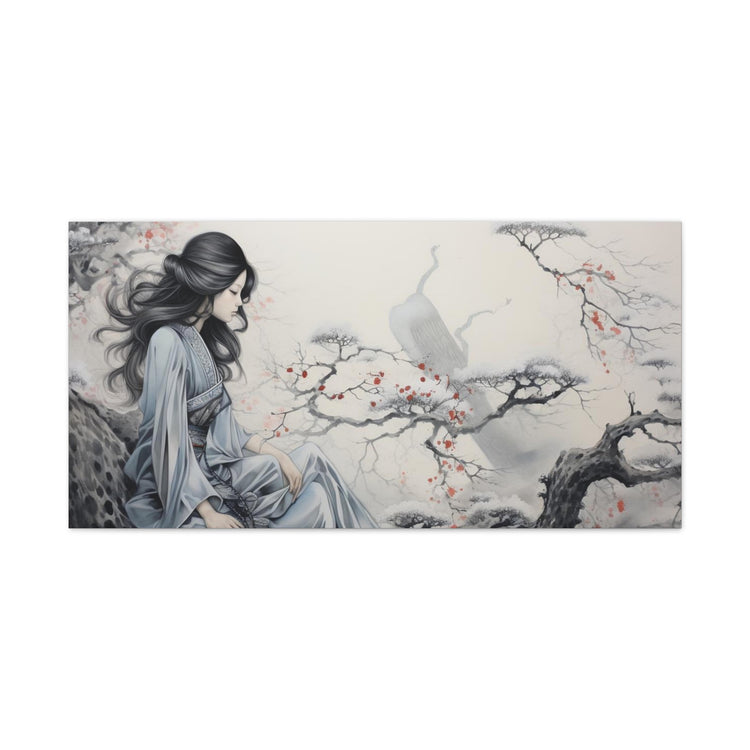 Canvas Wall Art Serene Geisha in Misty Cherry Blossom - The Art Hub