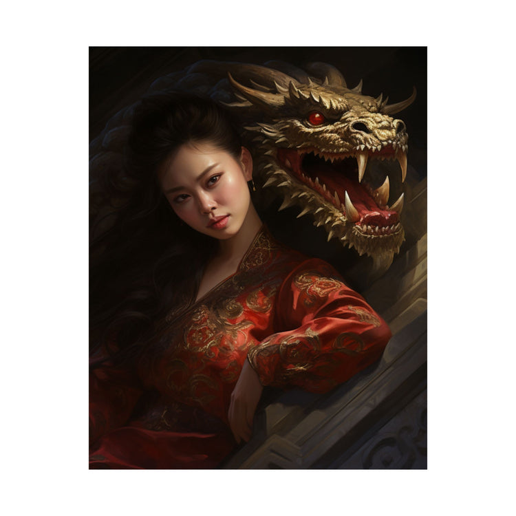 Matte Vertical Poster — Asian Warrior Woman with Dragon Art Print - The Art Hub