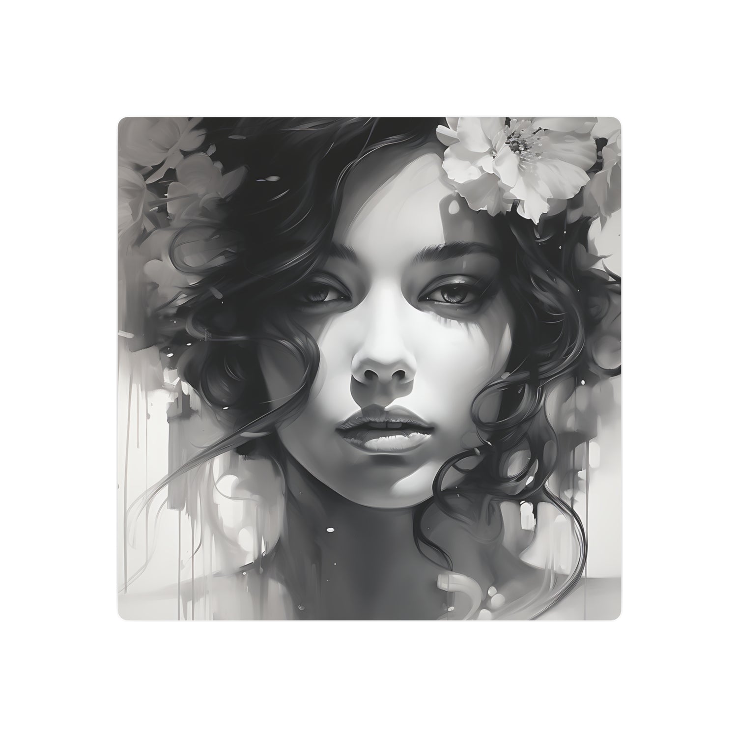 Metal Wall Art Sign — Monochrome Portrait of Woman with Floral Accents - The Art Hub