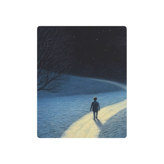 Metal Art Night Pathway Wall Decor (Boy Walking on Illuminated Snowy Trail) - The Art Hub