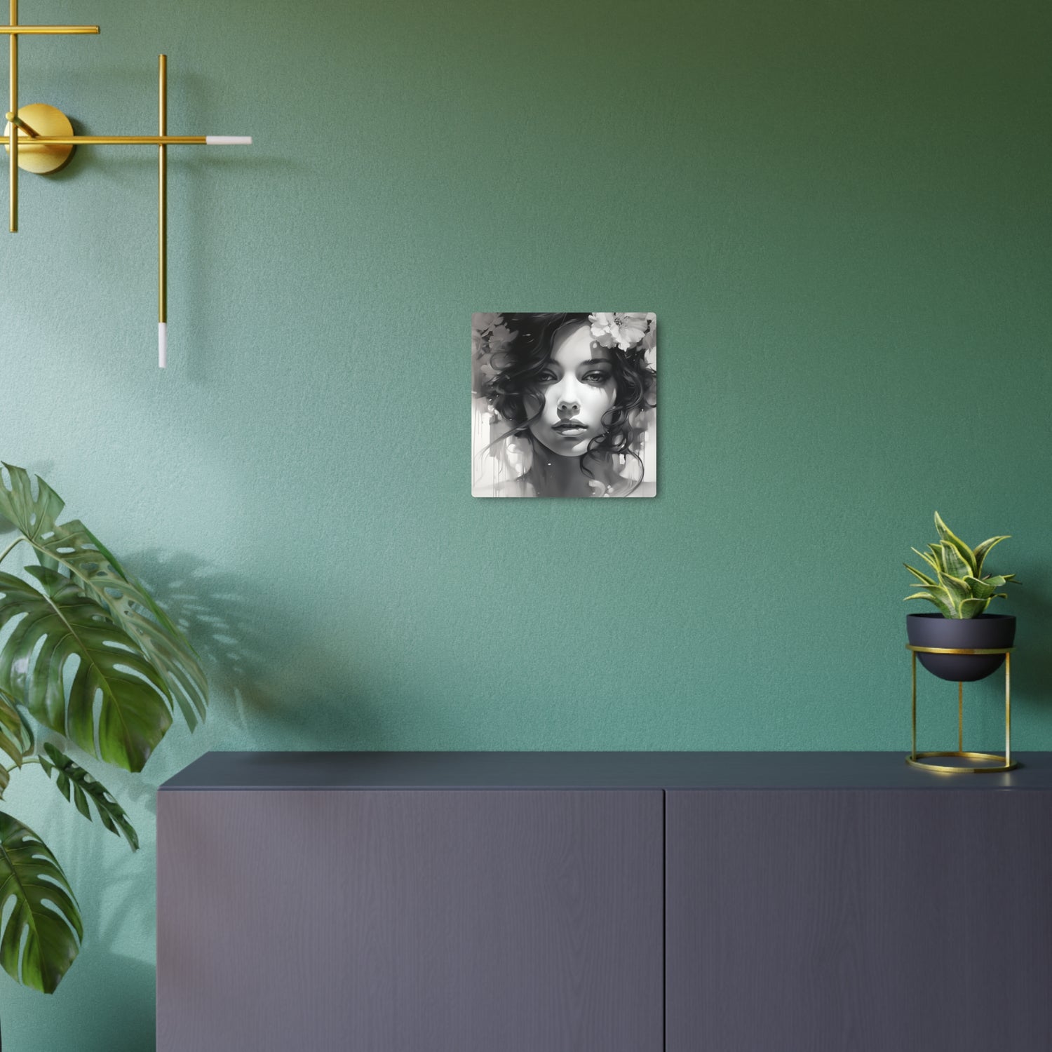 Metal Wall Art Sign — Monochrome Portrait of Woman with Floral Accents - The Art Hub